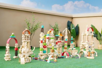 398-piece rainbow faceted wooden stacking stones set with arches roads vehicles and large small-world constructions