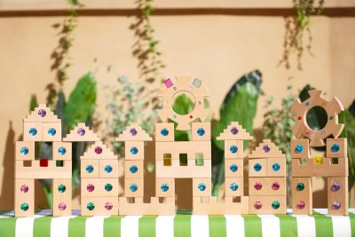 48-piece beechwood jewel building blocks arranged as a colorful city