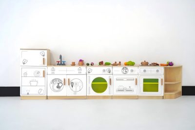 Six-piece wooden preschool pretend play kitchen with refrigerator sink cabinet stove oven sterilizer and corner shelf