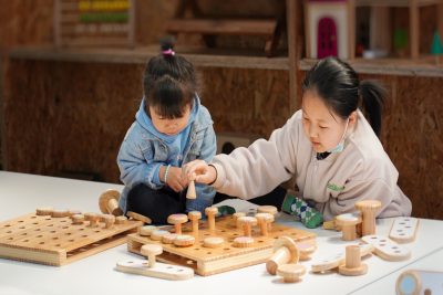 60-piece wooden mushroom pegboard building set with connector boards