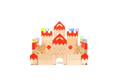 79-piece beechwood castle building set with transparent acrylic jewel cubes