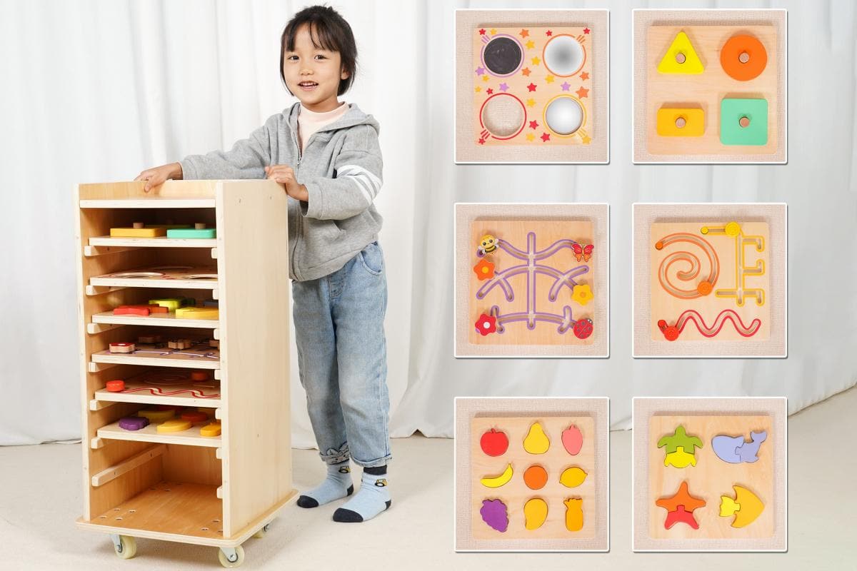 Natural wooden preschool classroom furniture creating a defined play space