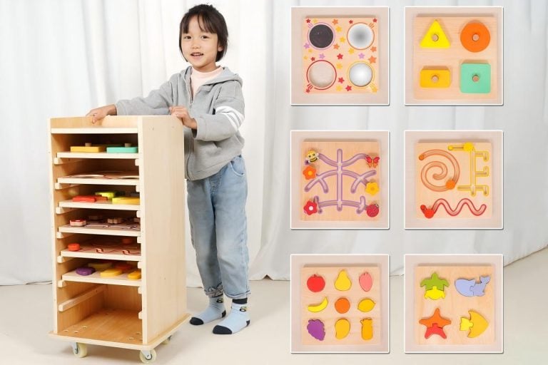 Wooden Montessori Busy Board Storage Cabinet Banner