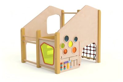 Toddler sensory climbing playhouse with activity panels and rope net