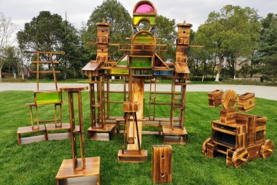 108-piece outdoor hollow wooden blocks with transparent acrylic and mirror panels for preschool construction