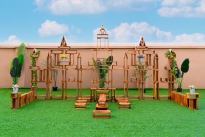 130-piece large outdoor hollow wooden blocks arranged into modular architectural structures