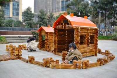 325-piece outdoor wooden town building set used to create large carbonized wooden houses for preschool construction play