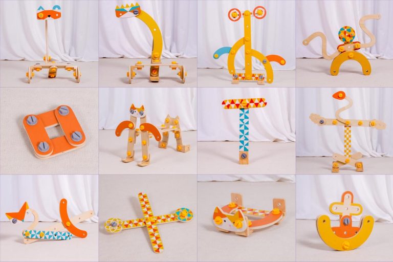 colorful bolt and nut construction toys assembled into multiple creative models