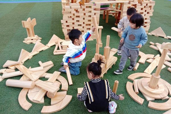 natural outdoor wooden blocks arranged into houses towers bridges and gateways