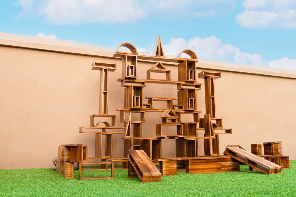 80-Piece Outdoor Hollow Wooden Blocks – Carbonized Finish