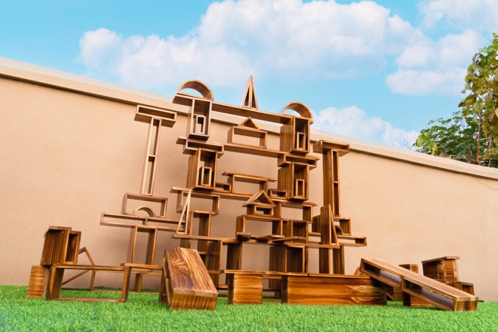 80-Piece Outdoor Hollow Wooden Blocks – Carbonized Finish