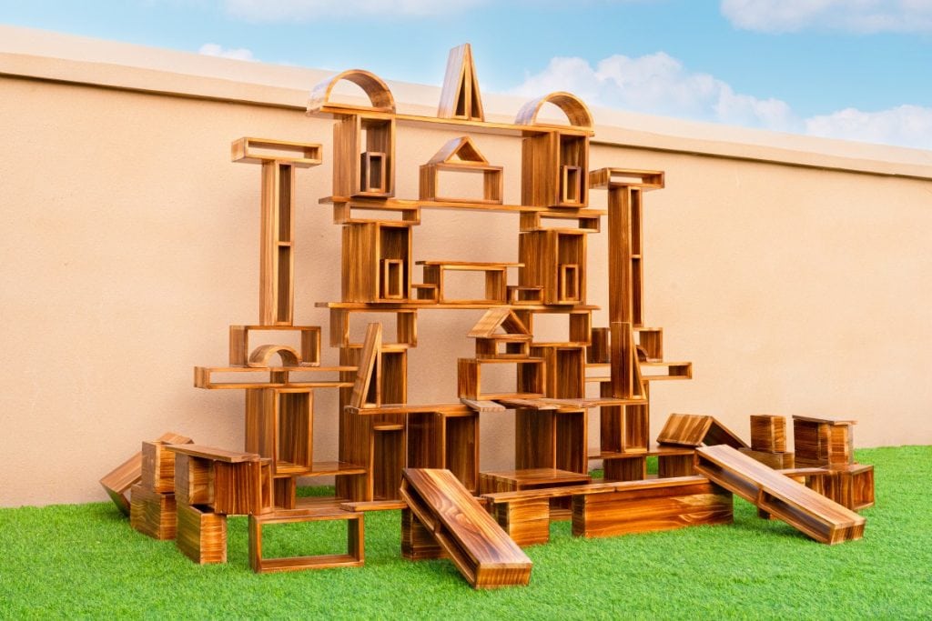 80-Piece Outdoor Hollow Wooden Blocks – Carbonized Finish