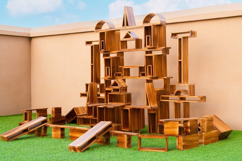 80-Piece Outdoor Hollow Wooden Blocks – Carbonized Finish