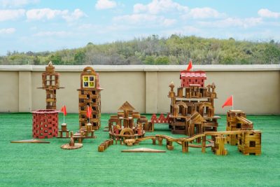 998-piece outdoor landscape building block set with large wooden towers houses bridges and tracks