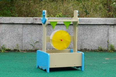outdoor water wheel play station with dual funnels for preschool water exploration