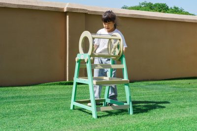 outdoor wooden sand mixer play station with rotating drum for preschool construction play