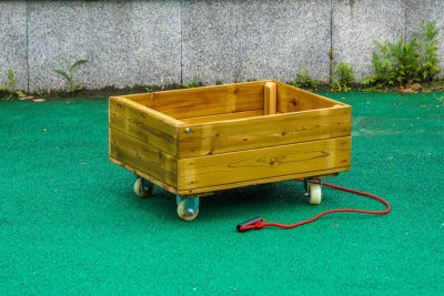 outdoor wooden tipping sand cart with pull rope for preschool sand play