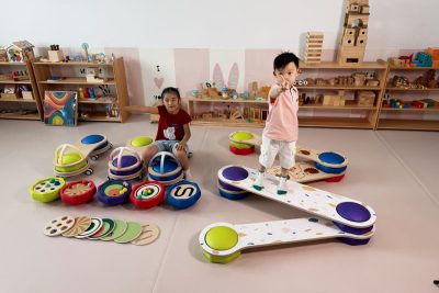 65-piece sensory balance and coordination play set with EPP stepping stones, wheeled rings and activity boards