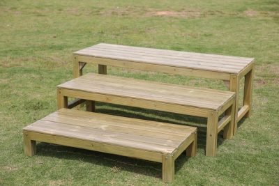 kids outdoor bench set with three wooden benches in different sizes for school garden seating