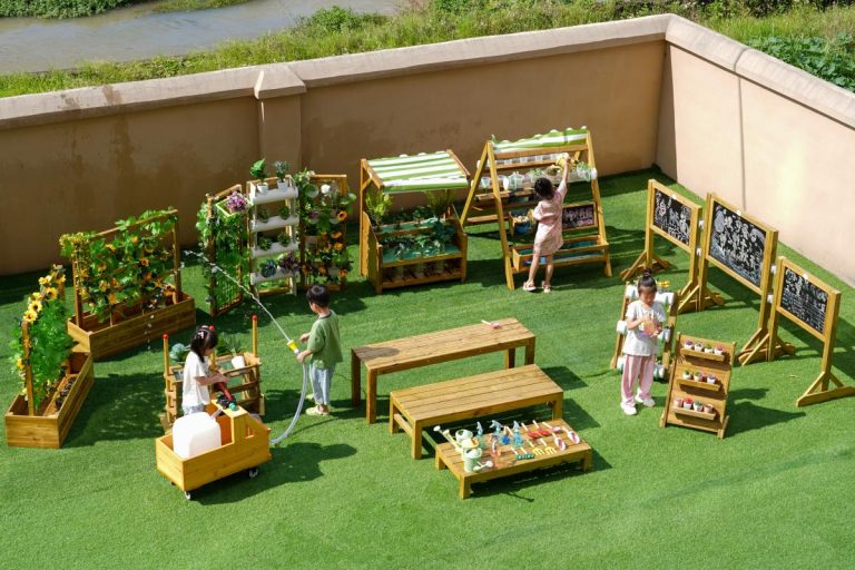 Preschool Play Village: 8 Essential Planning Steps 3 37 piece outdoor garden kit with planters observation stations boards benches watering equipment and gardening tools