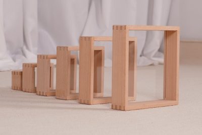 6-piece wooden transparent stacking tower with graduated beech wood frames and clear acrylic panels