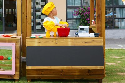 pretend market display shelf made from wood for preschool grocery and shop role play