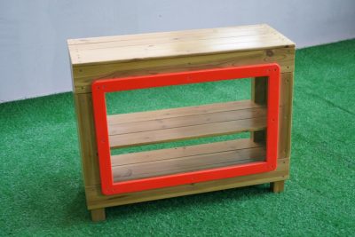 dramatic play shelf made from wood with open storage for preschool role play materials