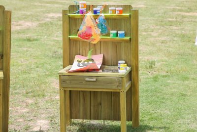 kids drawing table with built-in storage drawer and shelves for preschool outdoor art