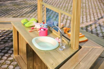 outdoor play kitchen for kids with sink faucet service window and striped awning