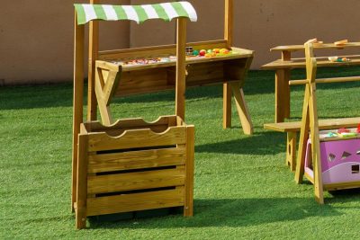 kids recycling station with two bins for preschool outdoor waste sorting and environmental learning