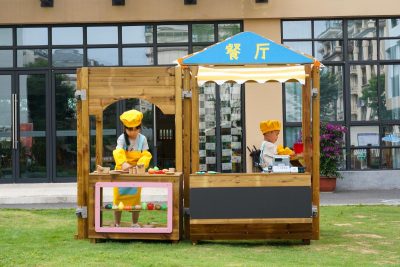 preschool pretend restaurant playset with wooden restaurant stand display shelves cash register tableware chef sets and pretend food