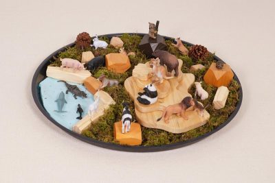 grassland wildlife small world play set with 17 animal figures and wooden habitat scenery in a circular tray