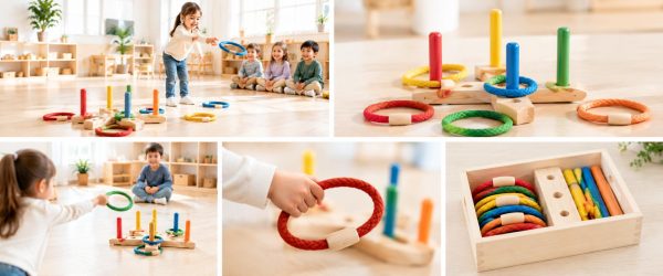 Preschool children playing with a colorful wooden ring toss game indoors