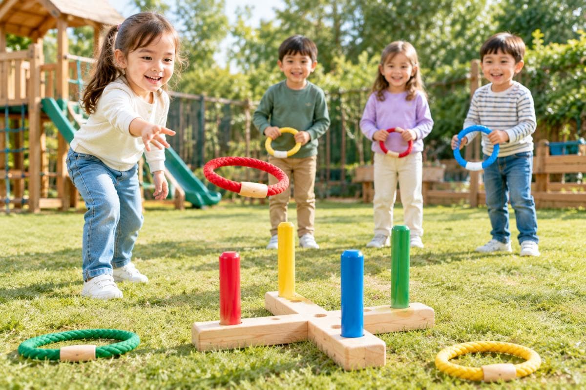 Wooden Quoits and Ring Toss Sets: A Sourcing Guide for Preschool Distributors 2 Wooden quoits set showing ring toss components and target details